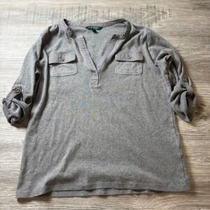 Lauren Ralph Lauren Henley Top Womens Medium Gray Roll Tab Sleeve Cotton I65